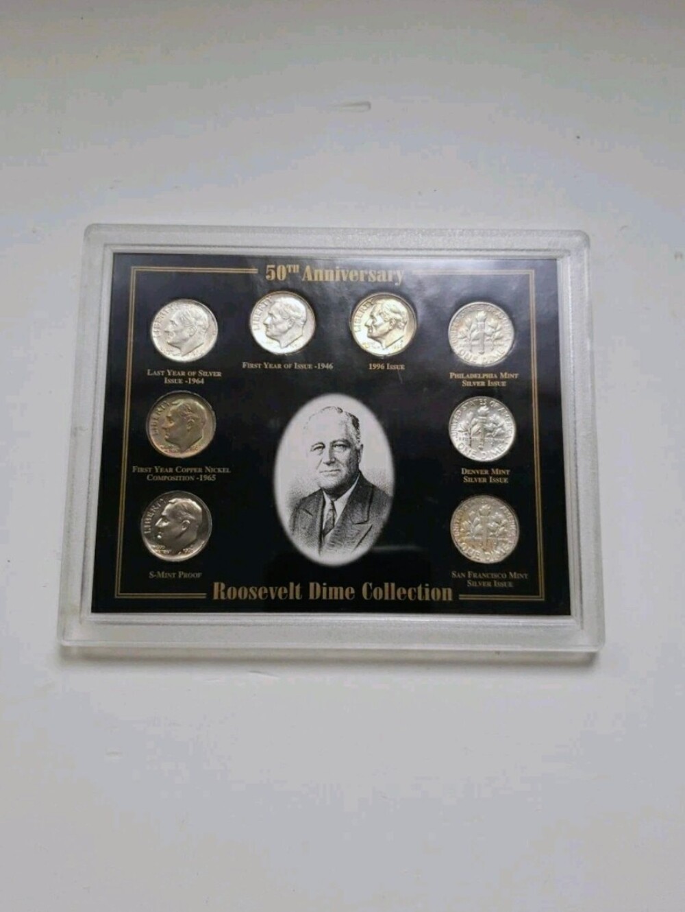 Roosevelt Dime Collection Display - Rare 50th Anniversary 1965 First Year Cipper